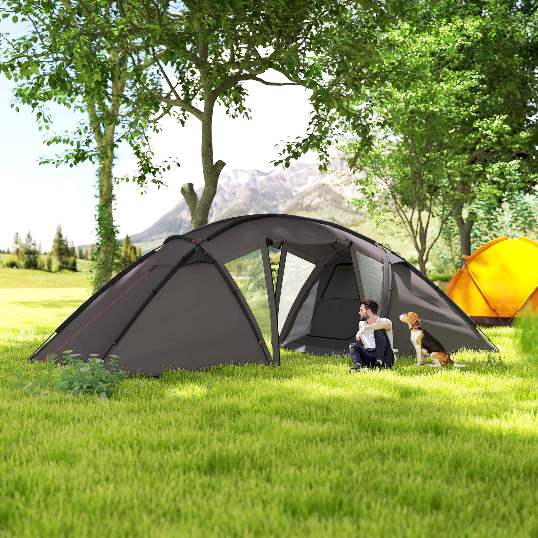 Tente de camping familiale pour 4-6 personnes, tente tunnel imperméable 3000 mm avec 2 portes, sac de transport, noir