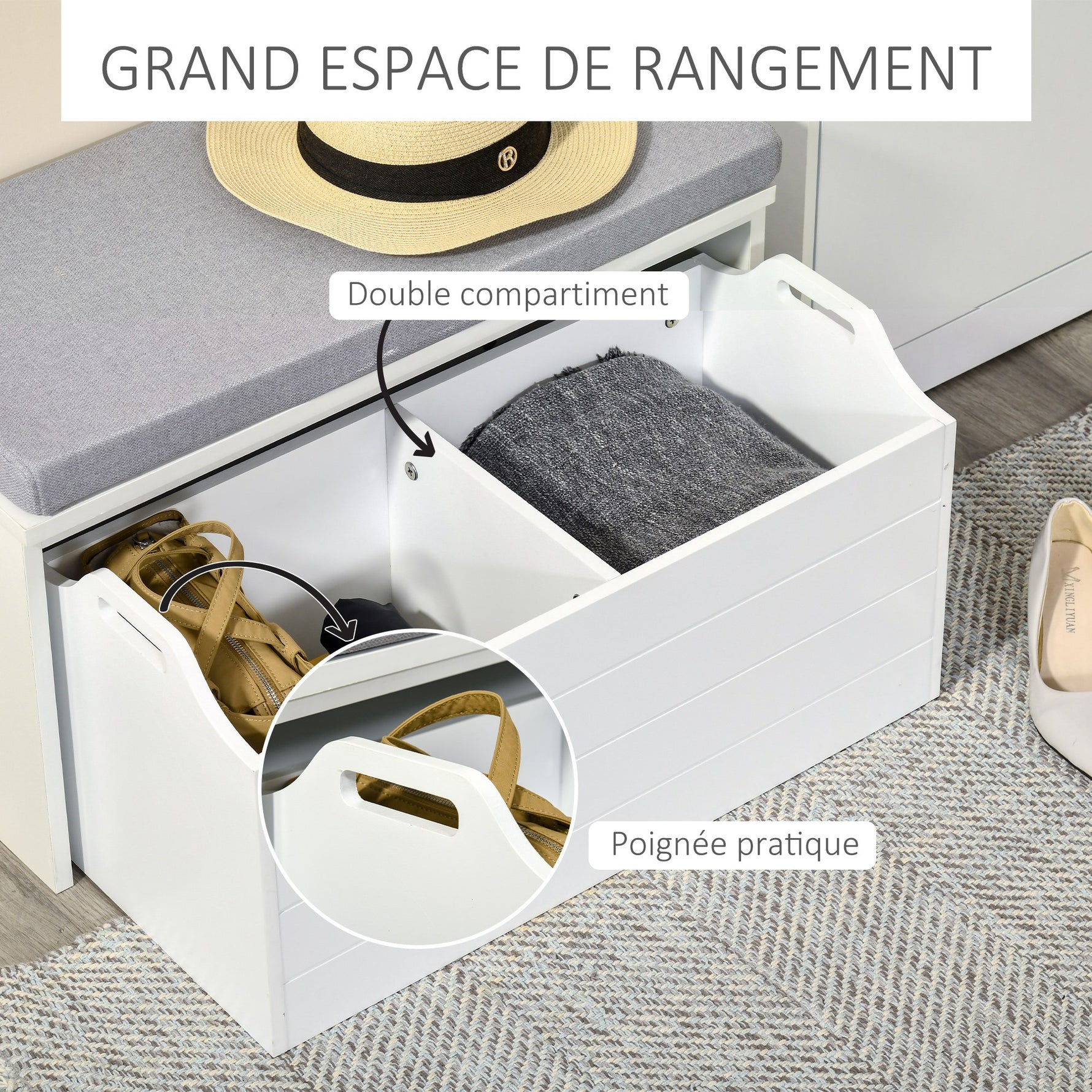 Banc de Rangement avec Coussin Gris - Meuble à Chaussures - Banc à Chaussures avec Grand tiroir Double Compartiment - MDF Blanc