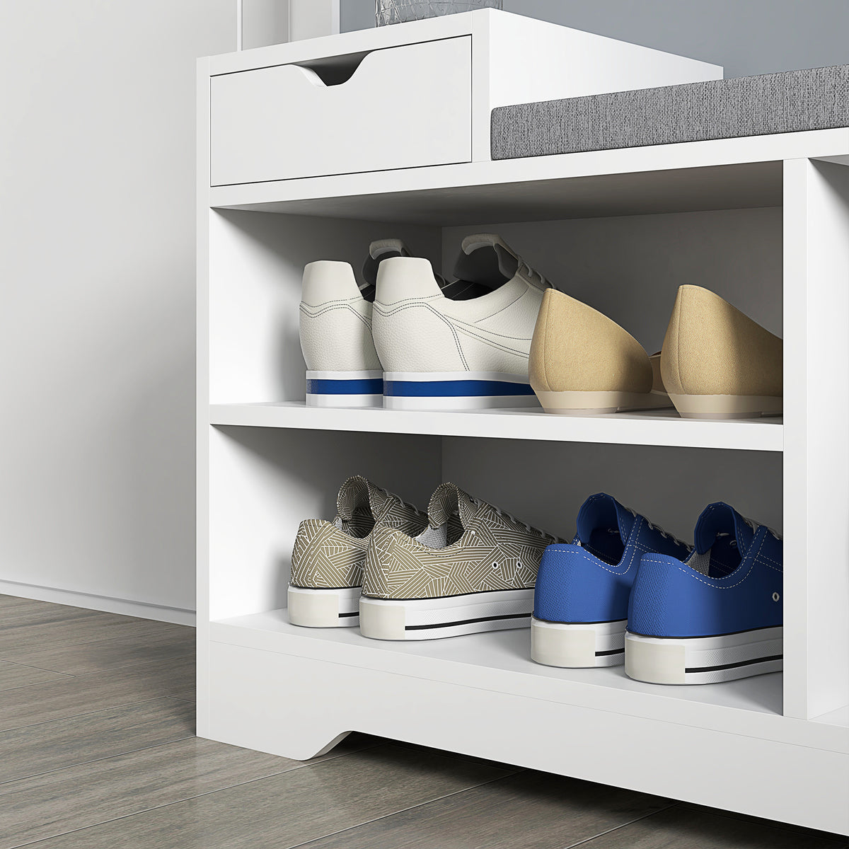Mueble zapatero y banco con 1 cajón y 3 compartimentos, capacidad 5 pares, MDF, 76,5L x 30P x 52A cm