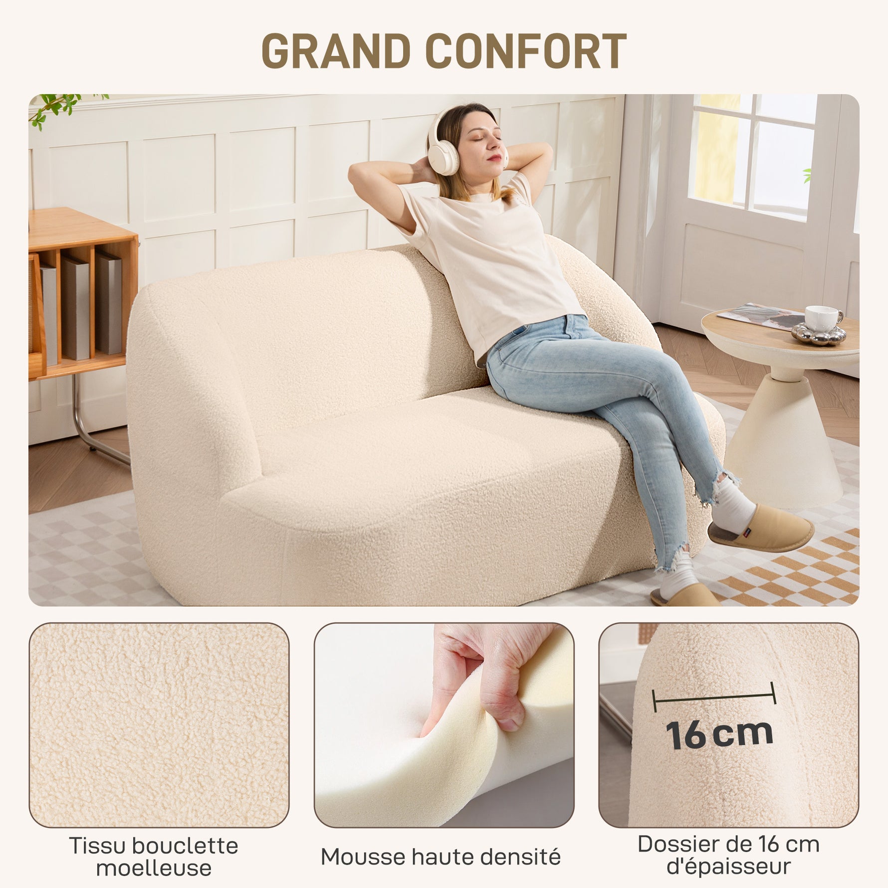 Canapé 2 places canapé en tissu bouclette 142 cm avec dossier et assise incurvés, aucun assemblage requis, beige
