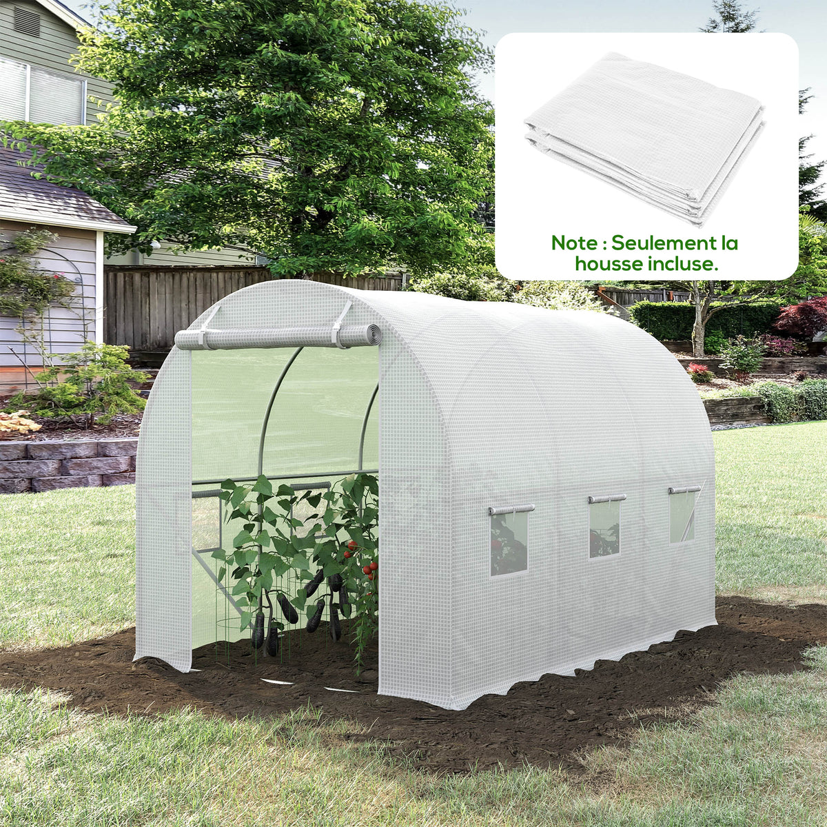 Bâche de Rechange Serre Tunnel 6 m², bâche PE Anti-UV imperméable 6 fenêtres + Porte Enroulable zippée Blanc