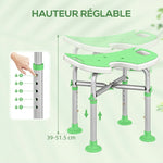 Tabouret de Douche, Hauteur Ajustable 39-51,5 cm, Barre d'Appui à Ventouse, Patins à Ventouse, Vert
