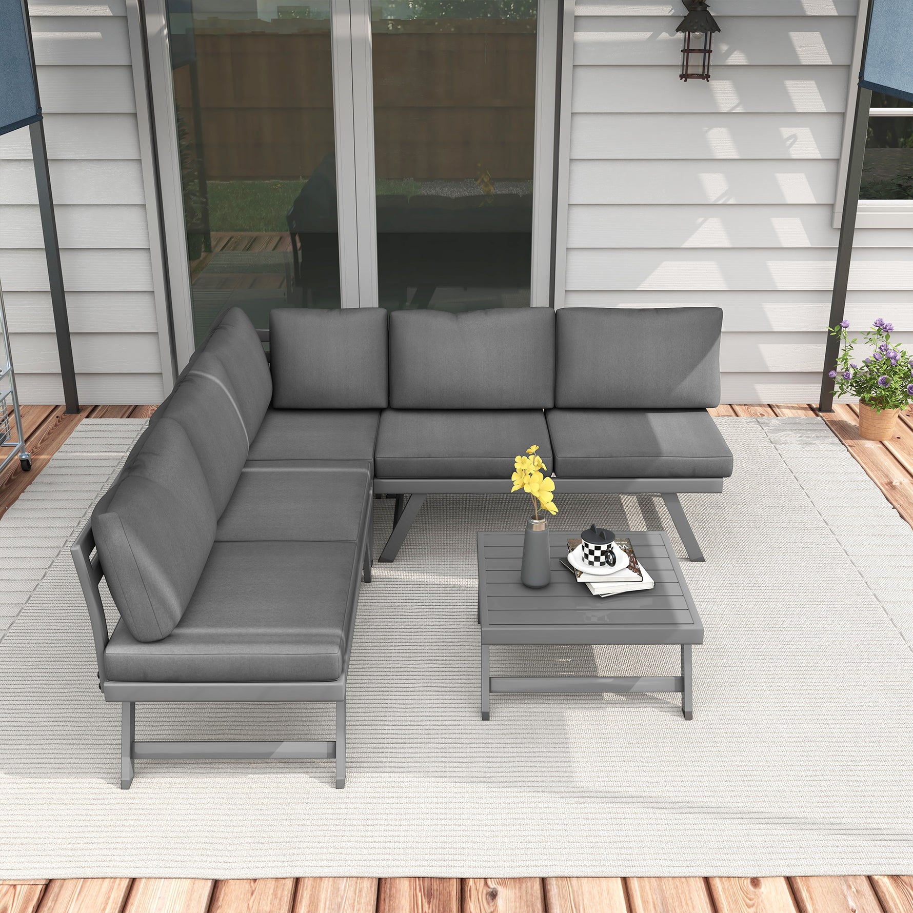 Ensemble salon de jardin d'angle et convertible 4 pièces avec 2 banquettes, 1 fauteuil d'angle et 1 table basse