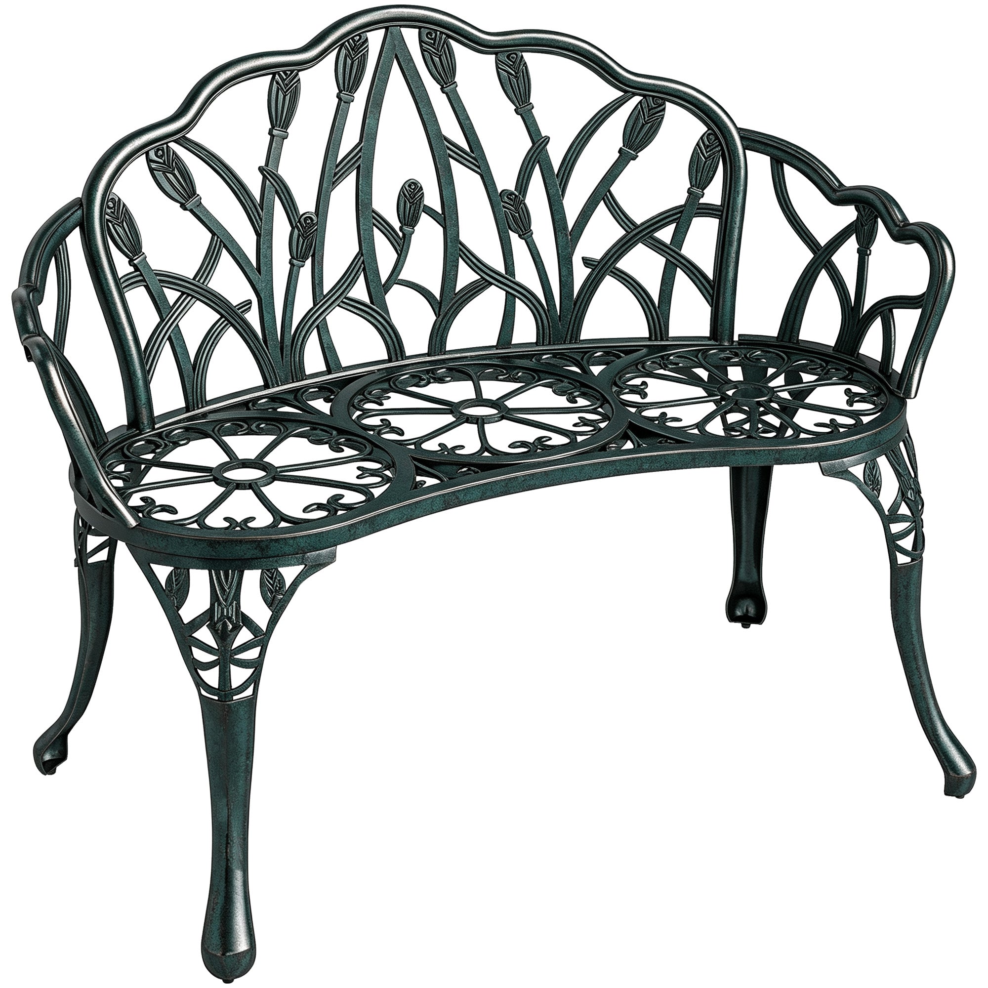 Panca da giardino in alluminio pressofuso, panca da esterno a 2 posti con schienale a tulipano, seduta floreale, 99x57x78cm, verde antico