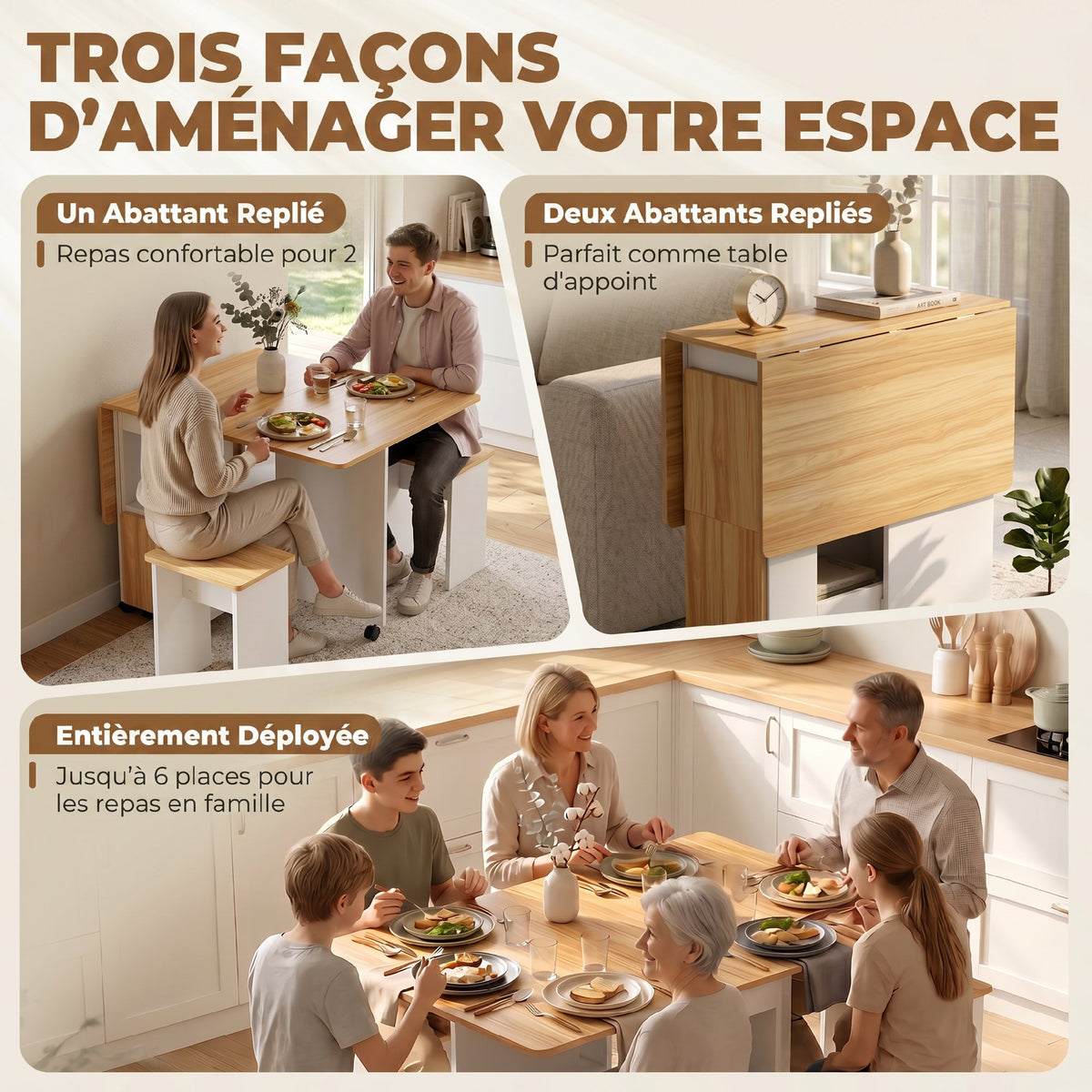 Ensemble table salle à manger pliante avec 4 chaises, table de cuisine avec chaises pour 4 personnes, roulettes, chêne-3
