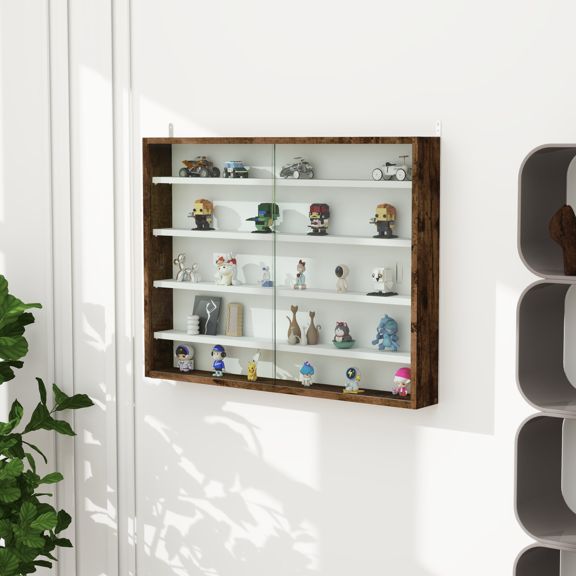 Wall-mounted display case for collectibles, 5 height-adjustable shelves and 2 sliding doors, 80 x 9.5 x 60 cm, brown