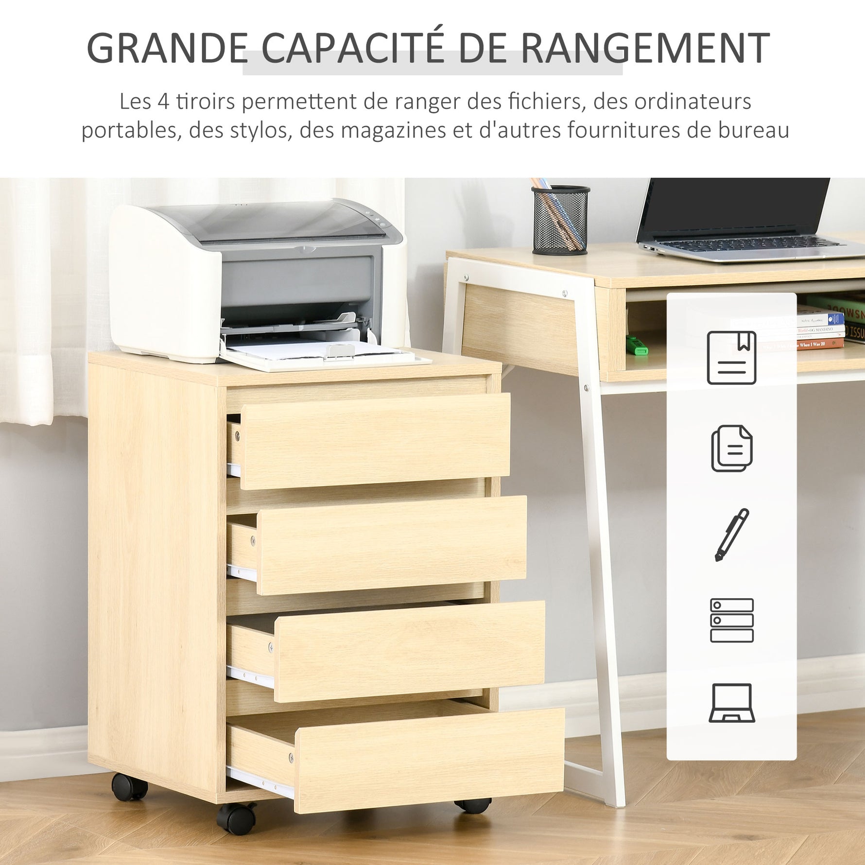 Caisson de Bureau, Rangement Bureau sur Roulettes, 4 Tiroirs Coulissants en Bois, Naturel