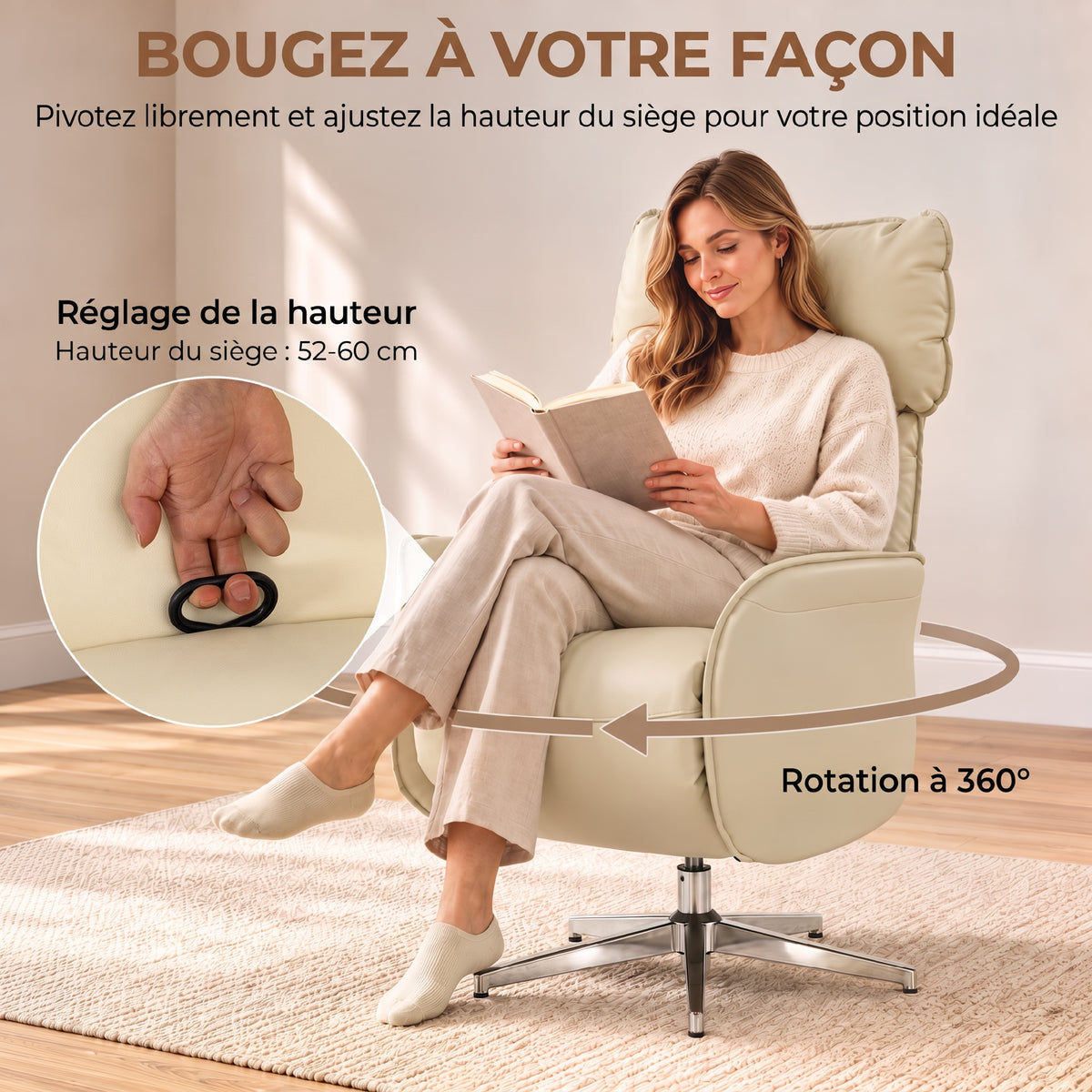 Sillón Relax Eléctrico Giratorio con Masaje y Calefacción, Reclinable de PU, Altura Ajustable, Doble Motor, Crema