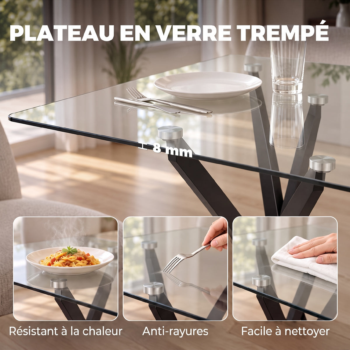 Mesa de Cocina, Tablero de Vidrio Templado, Base Cruzada de Acero, Estilo Moderno, para Comedor, Cocina, Sala de Estar