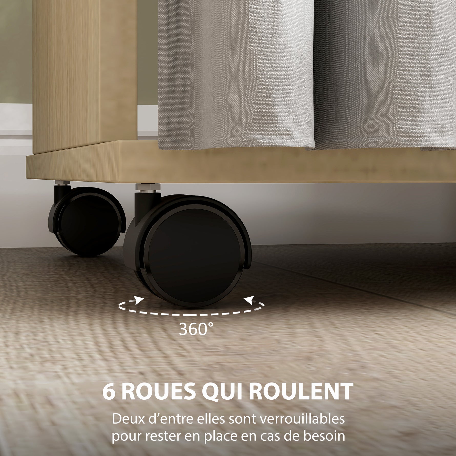 Armoire penderie Meuble de Rangement Mobile 6 roulettes 120L x 40l x 128H cm en bois naturel