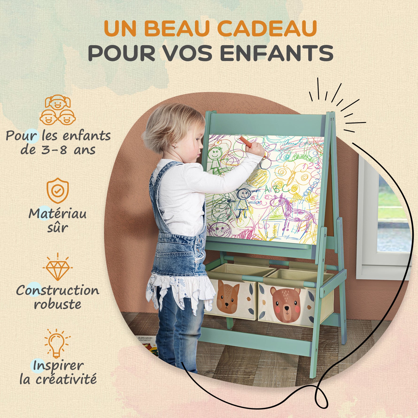 Tableau chevalet enfant ardoise double face tableau à craie rouleau papier 2 paniers 54 x 46,5 x 93 cm vert