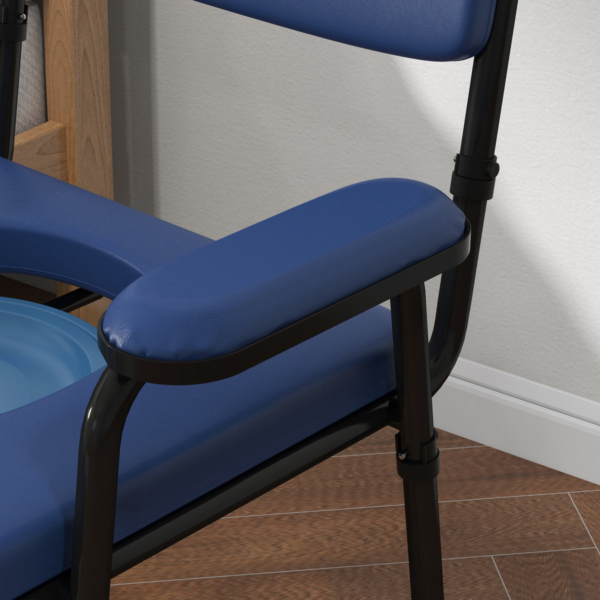 Chaise percée toilette multifonctions seau amovible hauteur réglable avec dossier siège et accoudoirs rembourrés bleu
