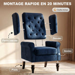 Fauteuil de salon capitonné avec assise large, pieds en bois, style classique, grand confort, 74x86x102cm, bleu foncé