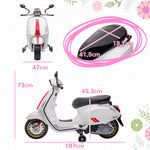 Scooter électrique enfant Vespa 6 V dim. 107L x 47l x 73H cm Musique MP3 Port USB Phare 2 roues d'entraînement - Blanc