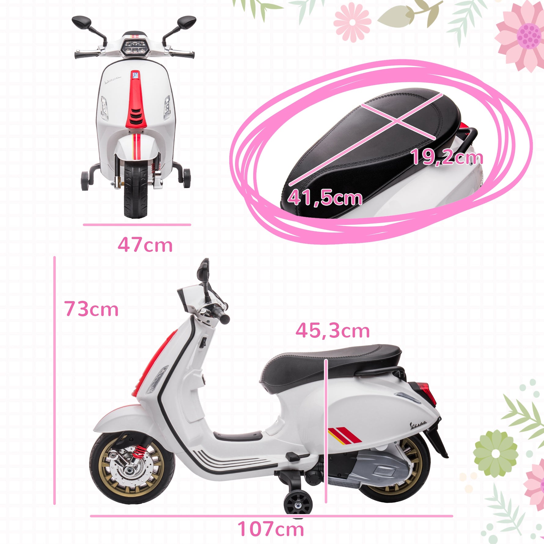 Scooter électrique enfant Vespa 6 V dim. 107L x 47l x 73H cm Musique MP3 Port USB Phare 2 roues d'entraînement - Blanc