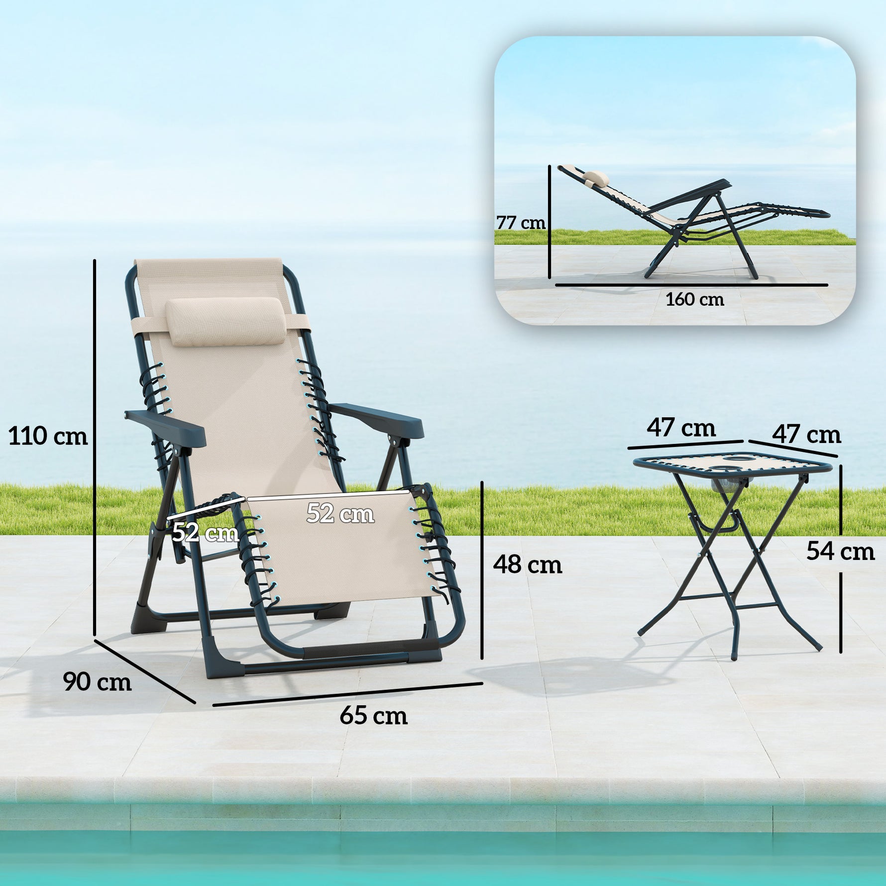 Lot de 2 chaise longue pliable et inclinable avec table d'appoint, porte-gobelets et appuie-têtes, charge 120 kg, beige