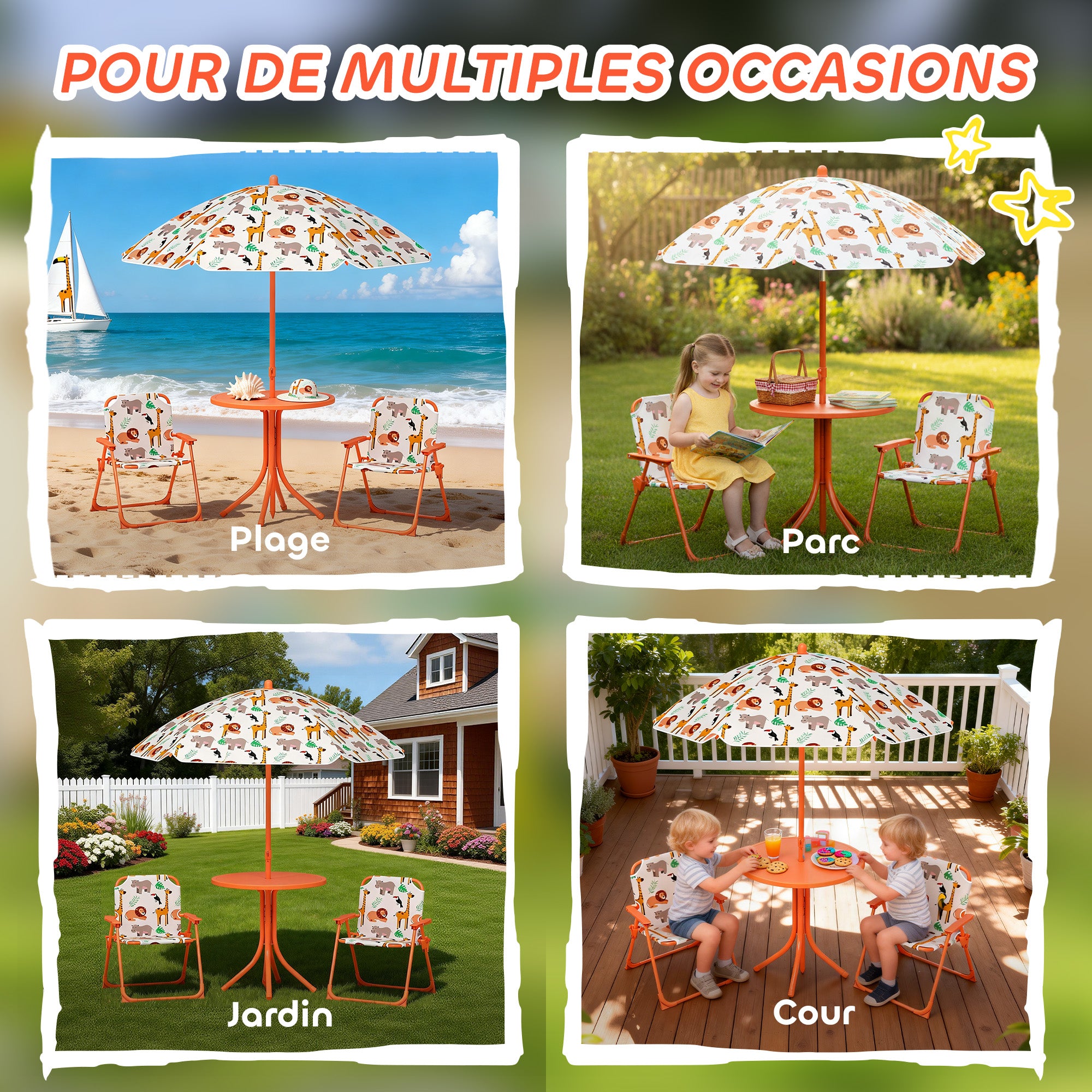 Salon de jardin enfant, table enfant avec 2 chaises pliantes et parasol Ø 100 cm, motif animal, orange