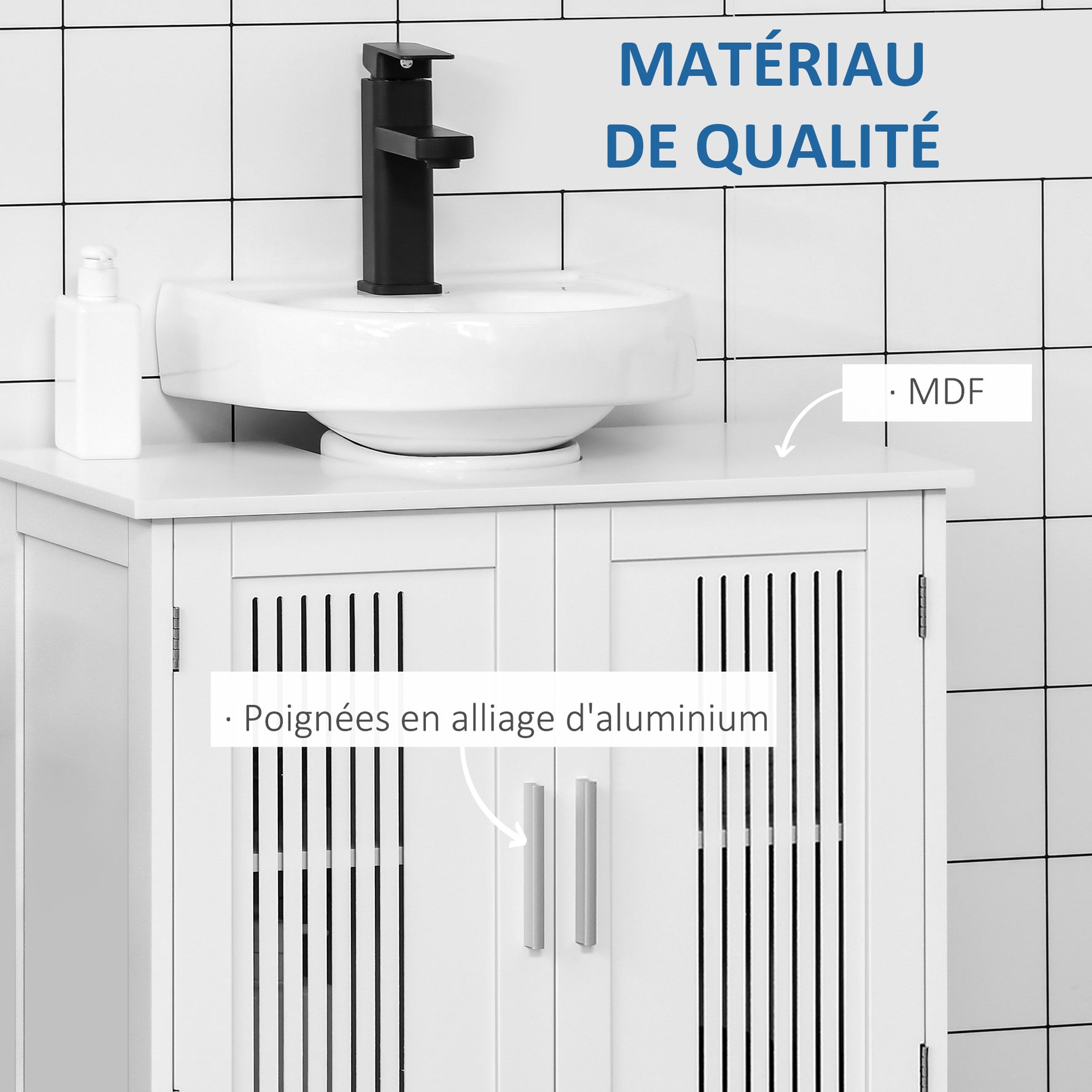 Meuble sous lavabo salle de bain - meuble sous-vasque - 2 portes rainurées avec étagère réglable - poignées alliage aluminium - dim. 60L x 30l x 60H cm - MDF blanc