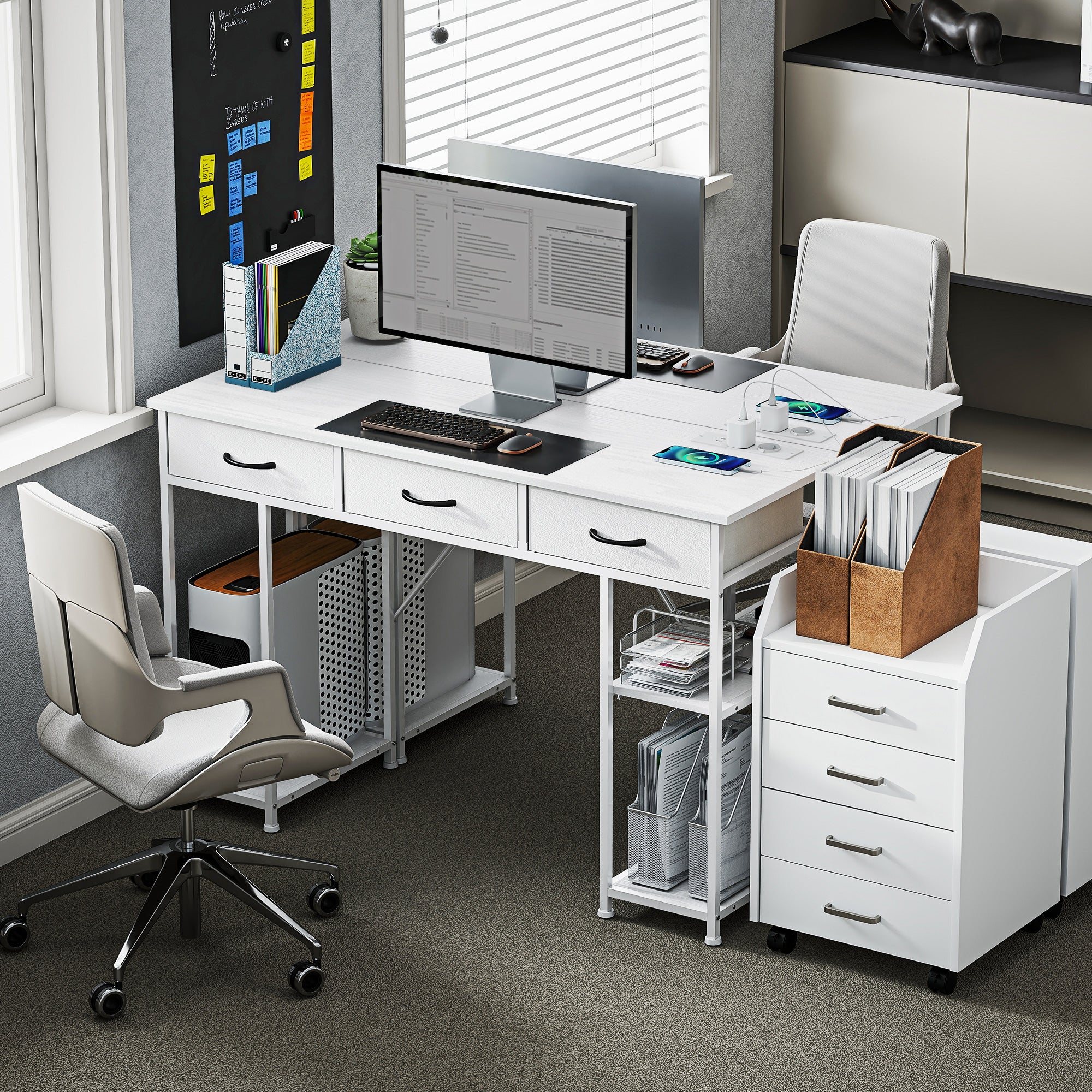 Bureau avec rangement avec prises de courant, 3 tiroirs en tissu et 4 étagères de rangement, 120 x 40 x 76 cm, blanc