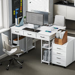 Bureau avec rangement avec prises de courant, 3 tiroirs en tissu et 4 étagères de rangement, 120 x 40 x 76 cm, blanc