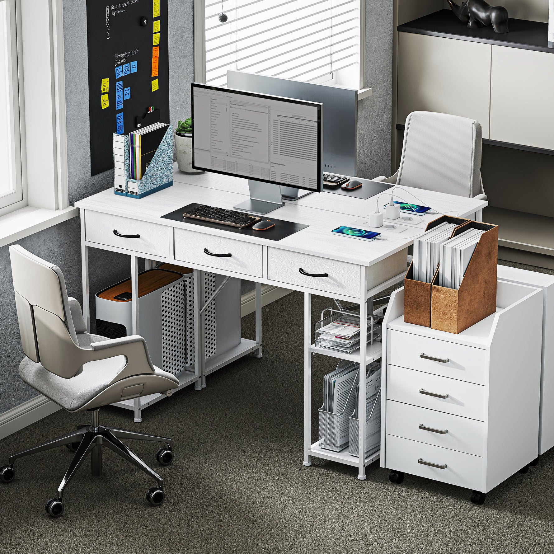 Bureau avec rangement avec prises de courant, 3 tiroirs en tissu et 4 étagères de rangement, 120 x 40 x 76 cm, blanc