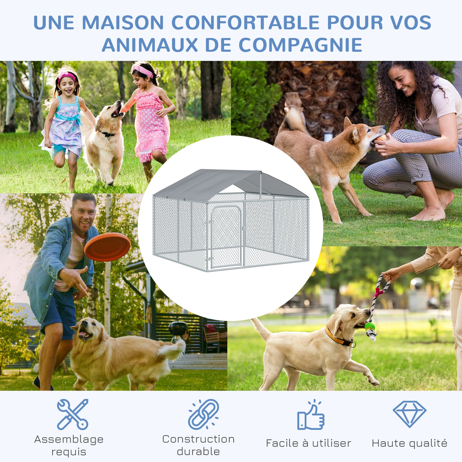 Chenil extérieur avec toit pour chien 5 m² parc grillagé espace couvert acier galvanisé 230 x 230 x 175 cm