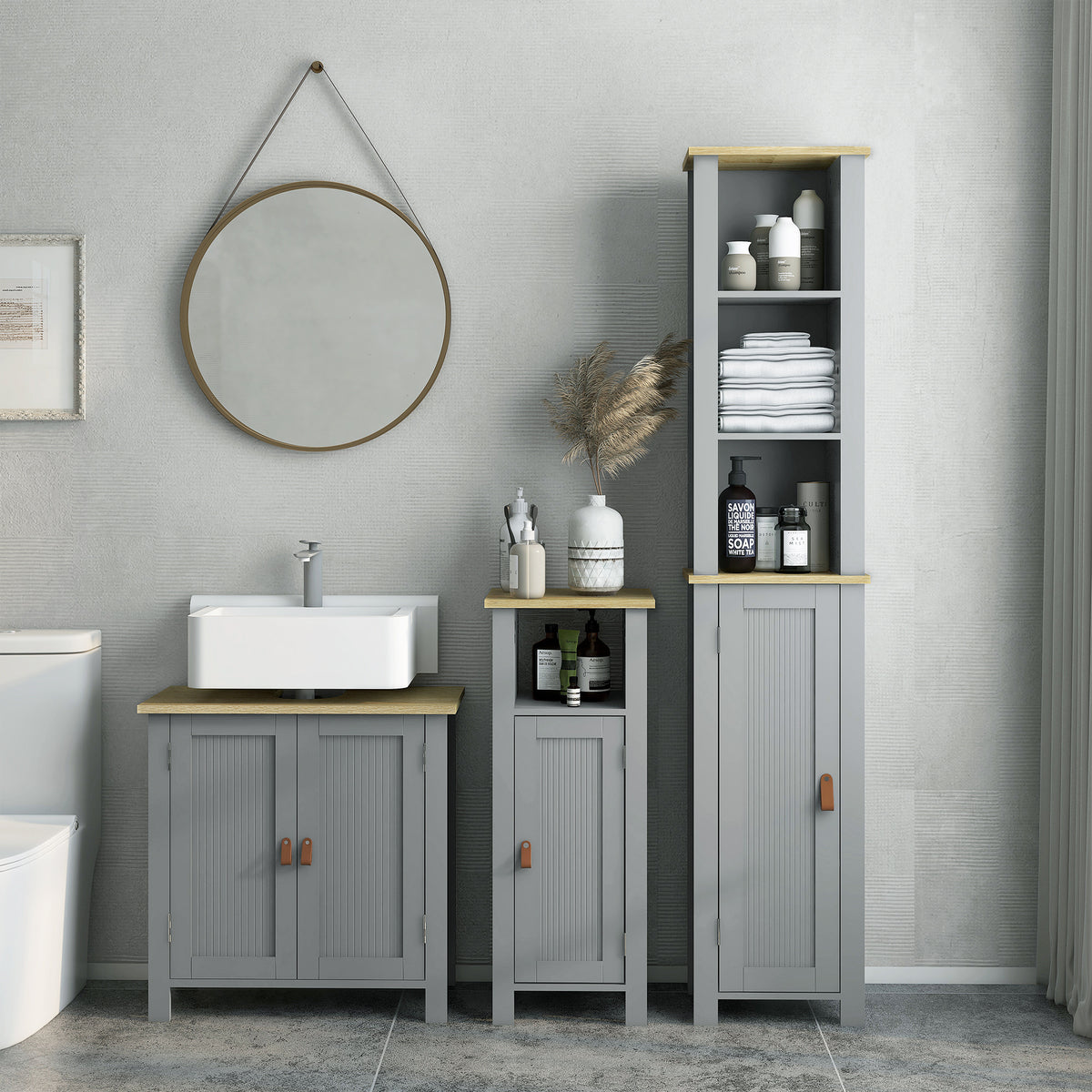 Meuble sous lavabo 2 portes étagère réglable 2 étages à l'intérieure poignées en PU 60 x 30 x 60 cm gris