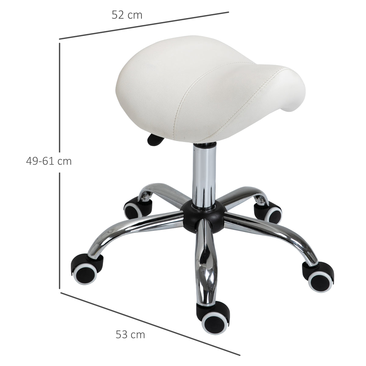 Tabouret à roulettes, tabouret de massage avec hauteur réglable 49-61 cm et selle ergonomique, chaise de travail à roulettes pivotant 360°, pour salon de massage tatouage clinique spa, blanc