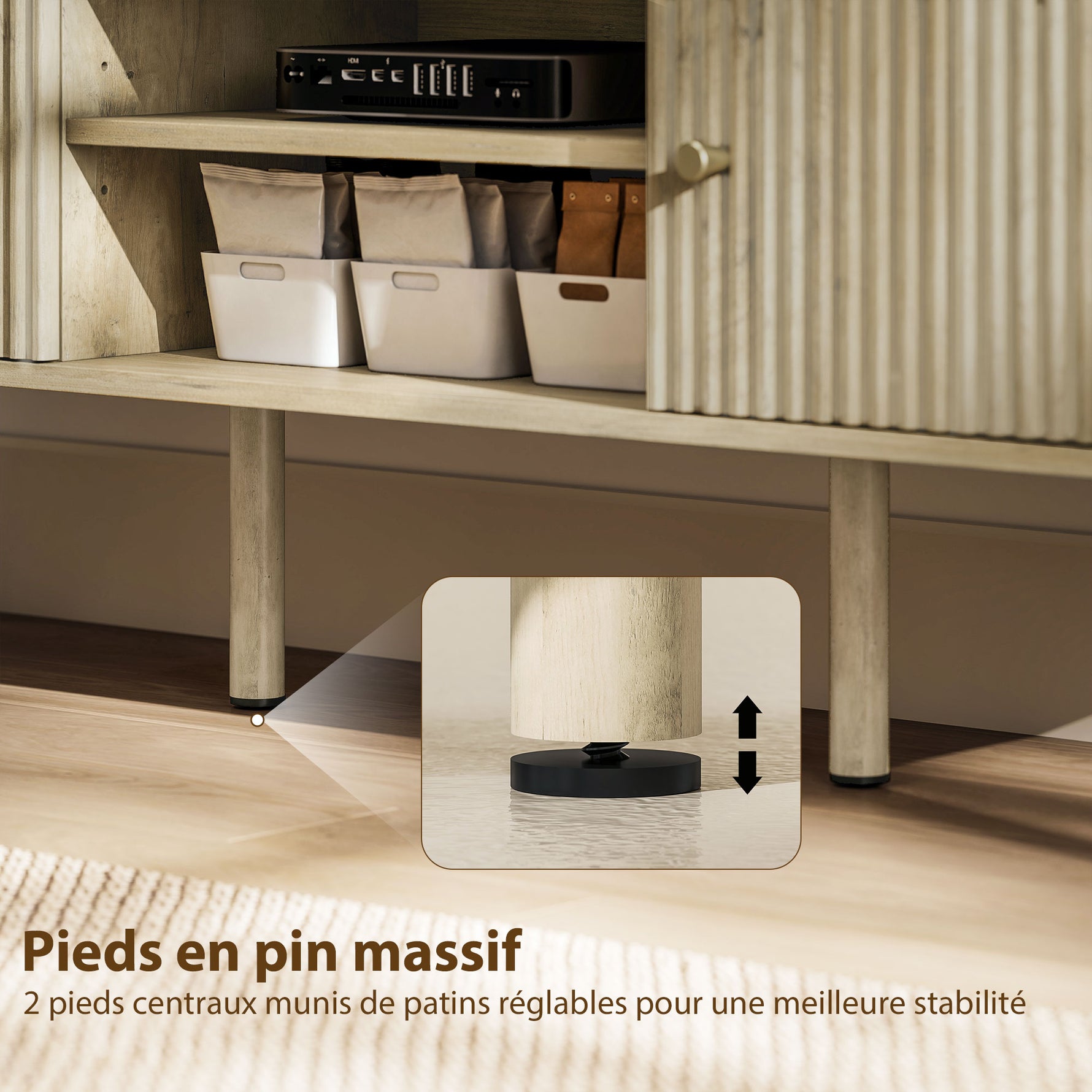 Meuble TV, meuble télé jusqu'à 65 pouces avec 2 portes, 2 compartiments ouverts, étagère réglable, 140x35x49cm, chêne