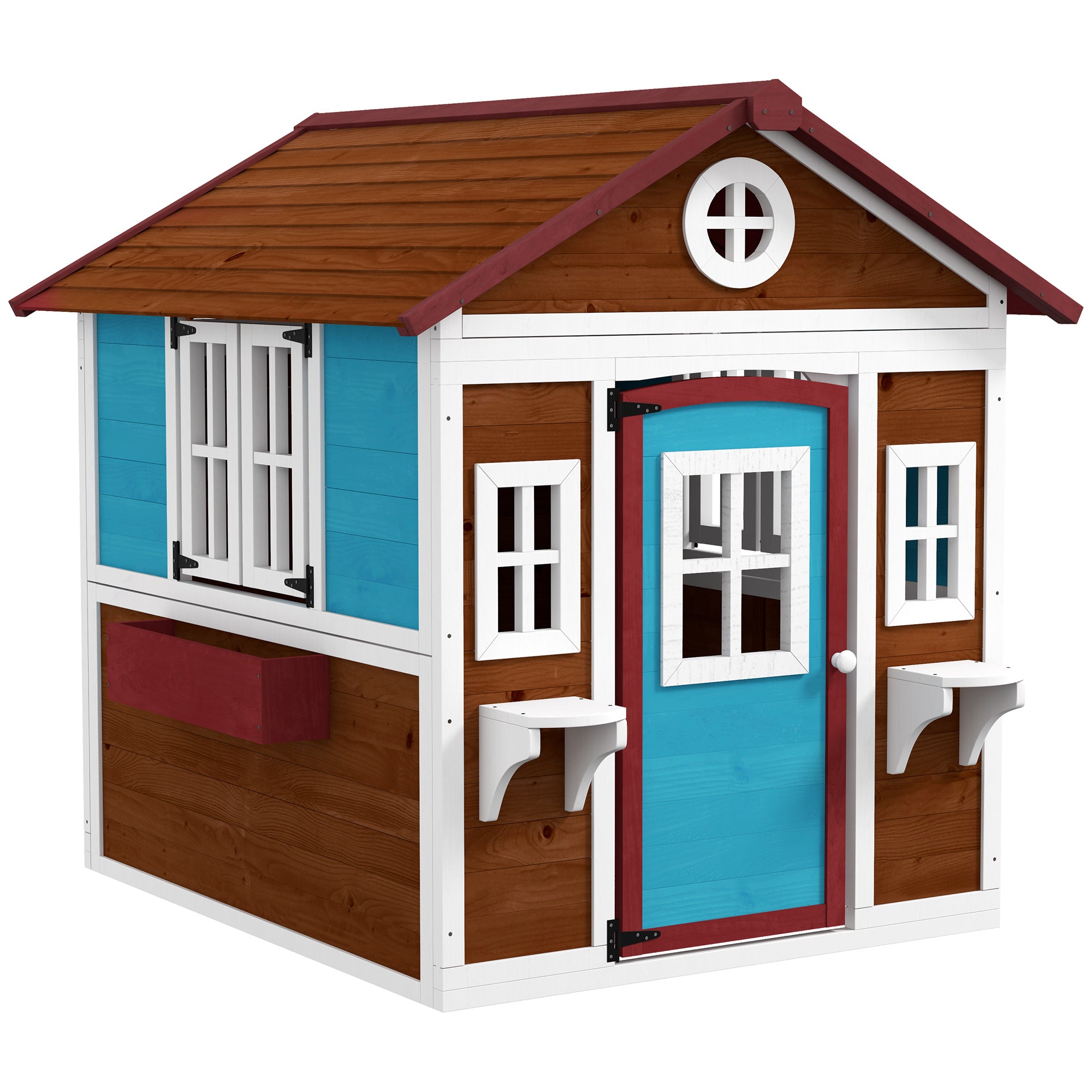 Cabane enfant extérieur maison enfant extérieure avec porte fenêtres et jardinières 114 x 126,4 x 135 cm Marron