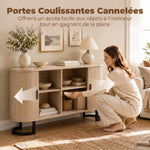 Buffet salon, meuble de rangement ovale avec 2 portes coulissantes et étagères réglables, 140x40x75cm, bois naturel