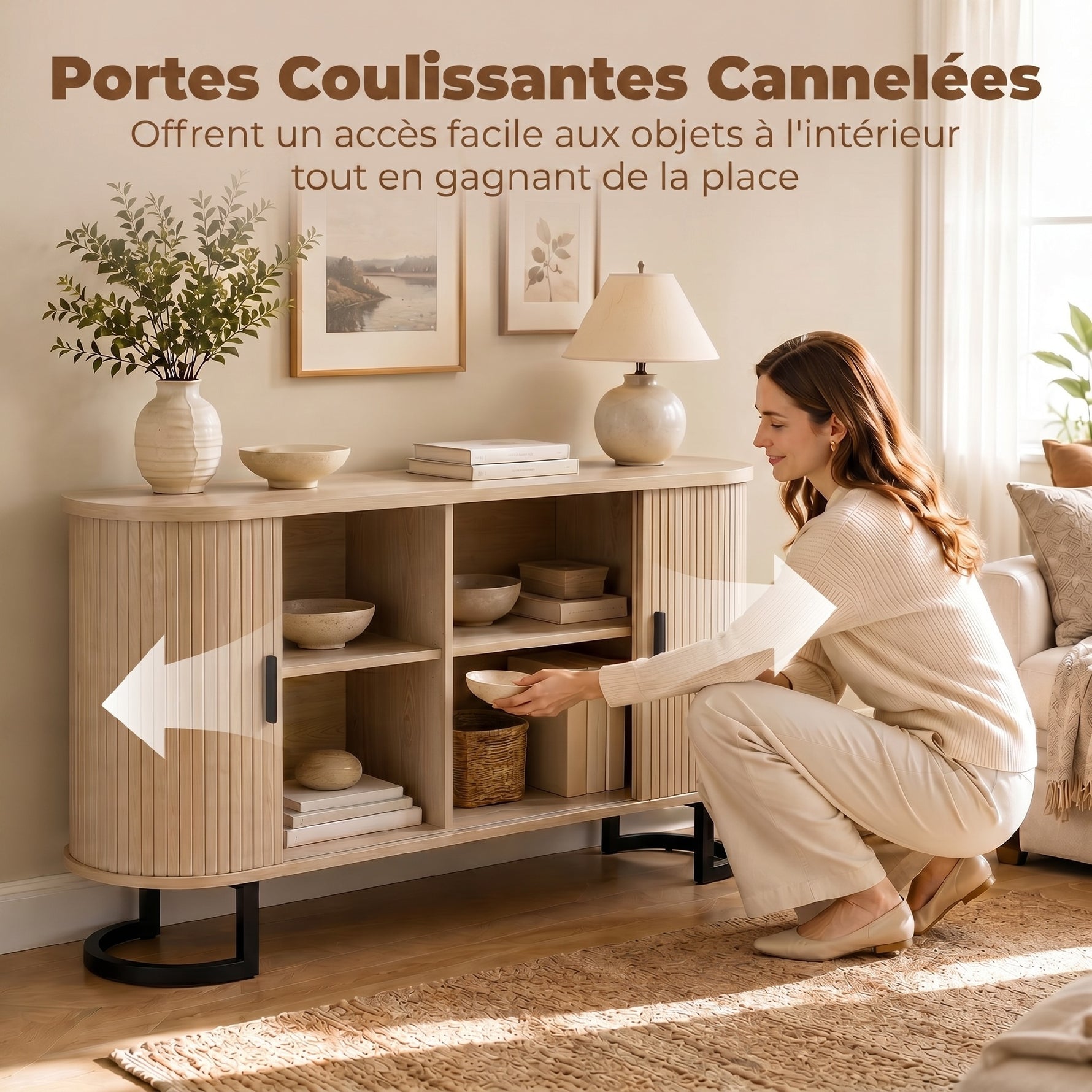 Buffet salon, meuble de rangement ovale avec 2 portes coulissantes et étagères réglables, 140x40x75cm, bois naturel