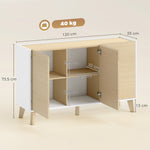 Buffet cuisine, meuble de rangement nordique, 3 portes à fermeture douce, 6 compartiments, bois naturel et blanc