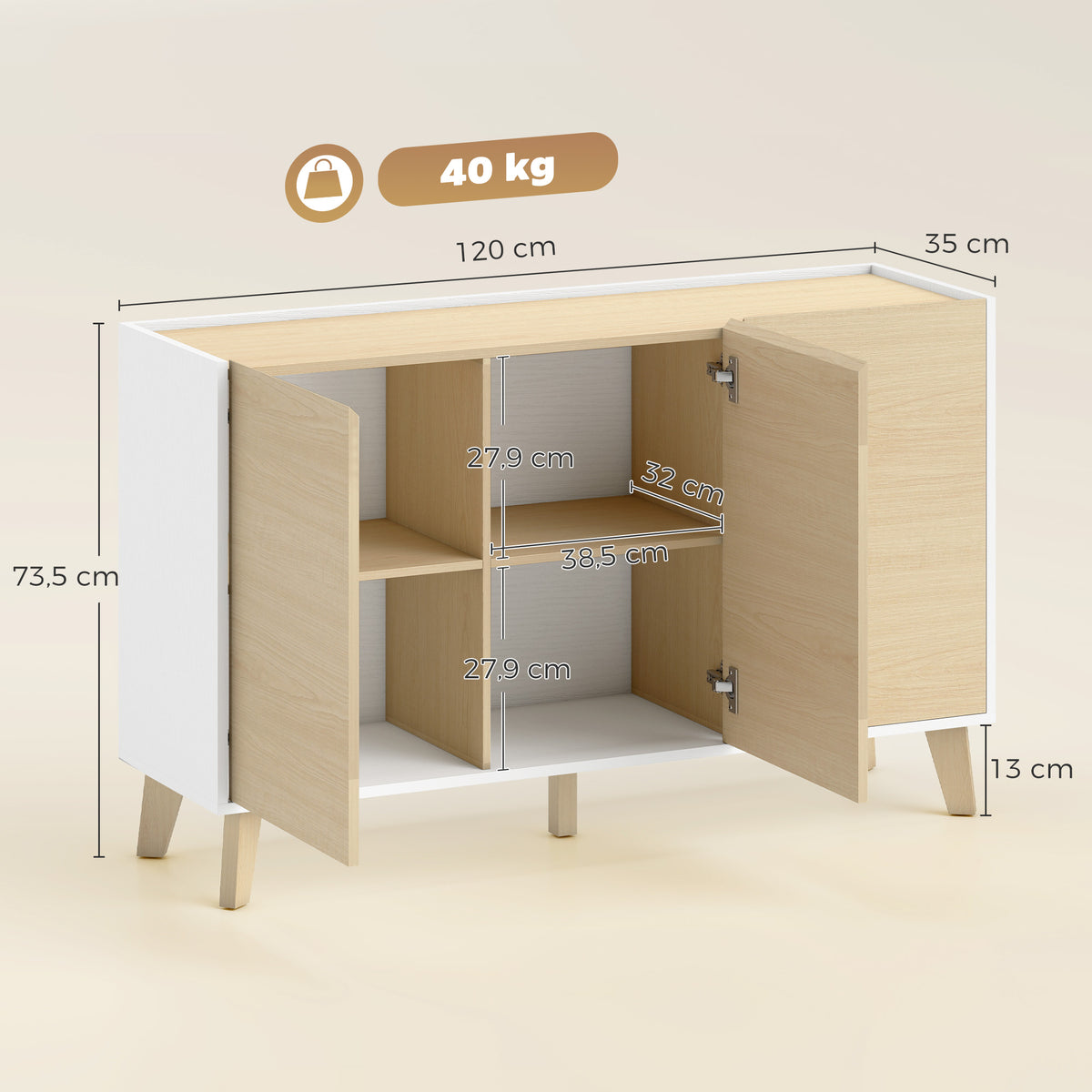 Buffet cuisine, meuble de rangement nordique, 3 portes à fermeture douce, 6 compartiments, bois naturel et blanc