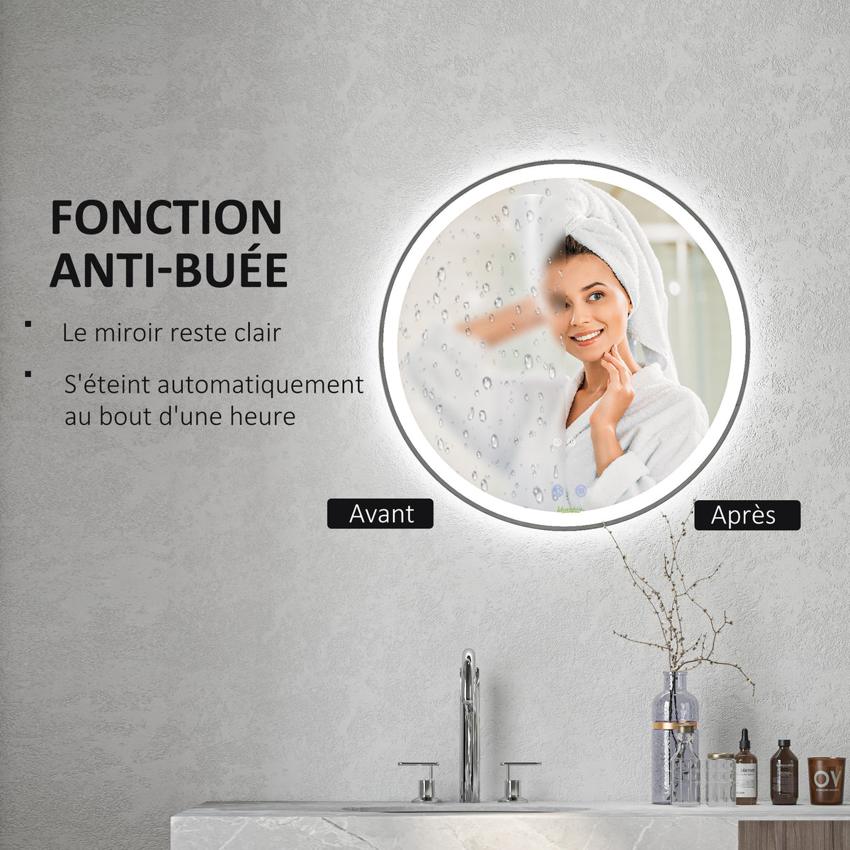 Miroir rond lumineux LED de salle de bain Ø 70 cm mural avec éclairage 3 couleurs interrupteur tactile 23W blanc argent
