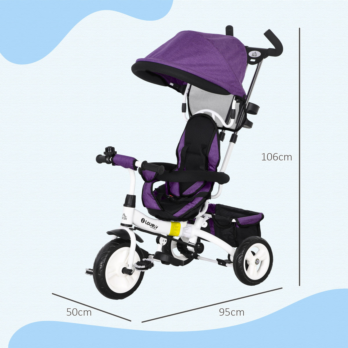 Tricycle enfant évolutif pare-soleil pliable canne télescopique amovible 95 x 50 x 106 cm acier violet blanc