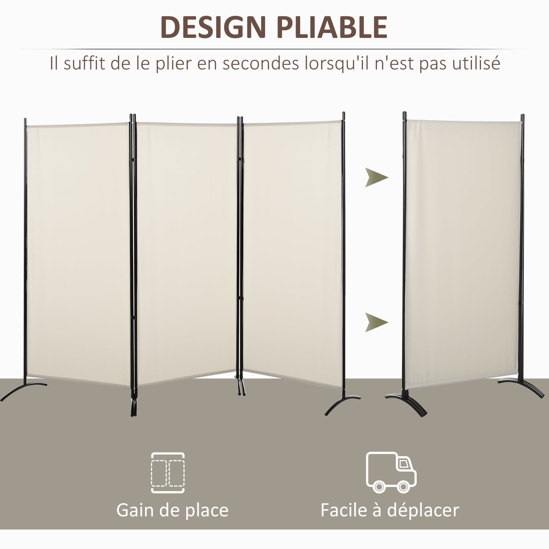 Paravent 3 panneaux dim. 2,53L x 0,5l x 1,82H m Store latéral Brise-Vue paravent sur Pied séparateur métal Polyester