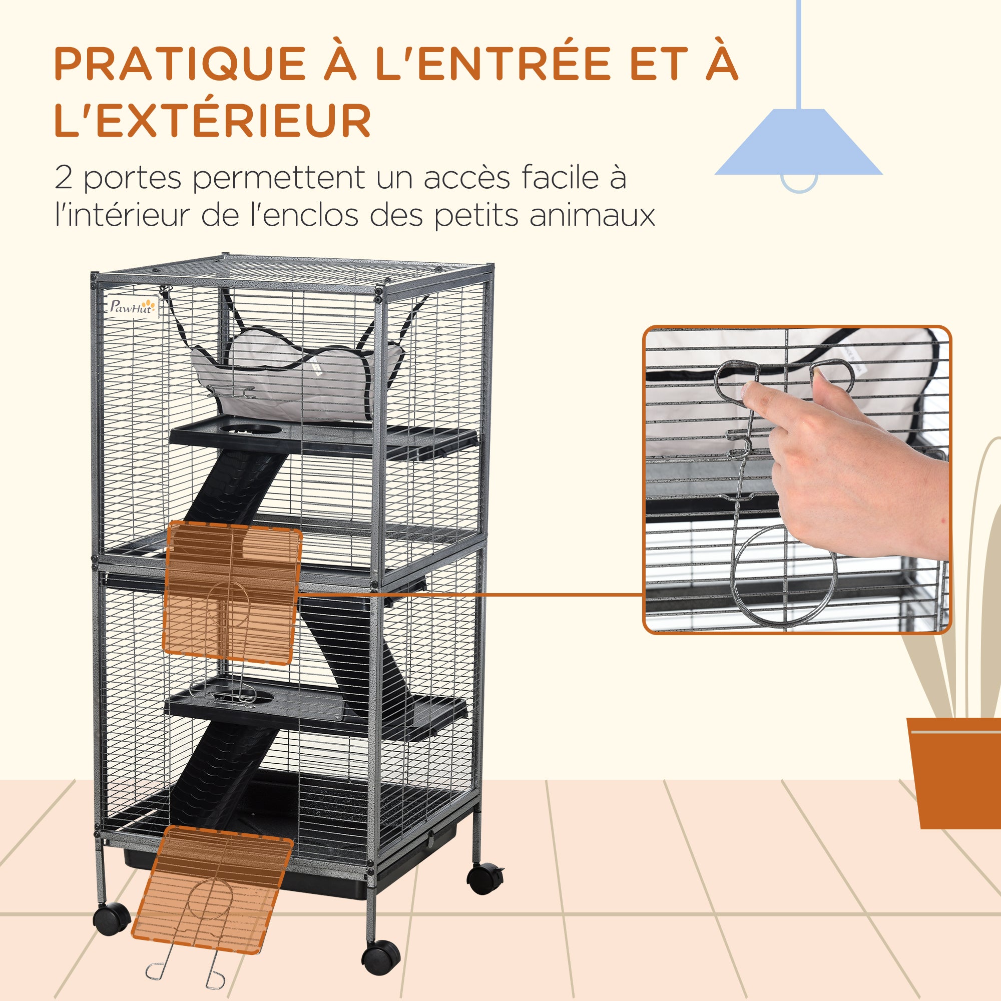 Cage pour Petits Animaux Portable à 4 Niveaux Cage Chinchilla Cage Furet avec Roulettes, 2 Portes, 3 Rampes, Hamac et Plateau Amovible, 52 x 52 x 113,5 cm Gris