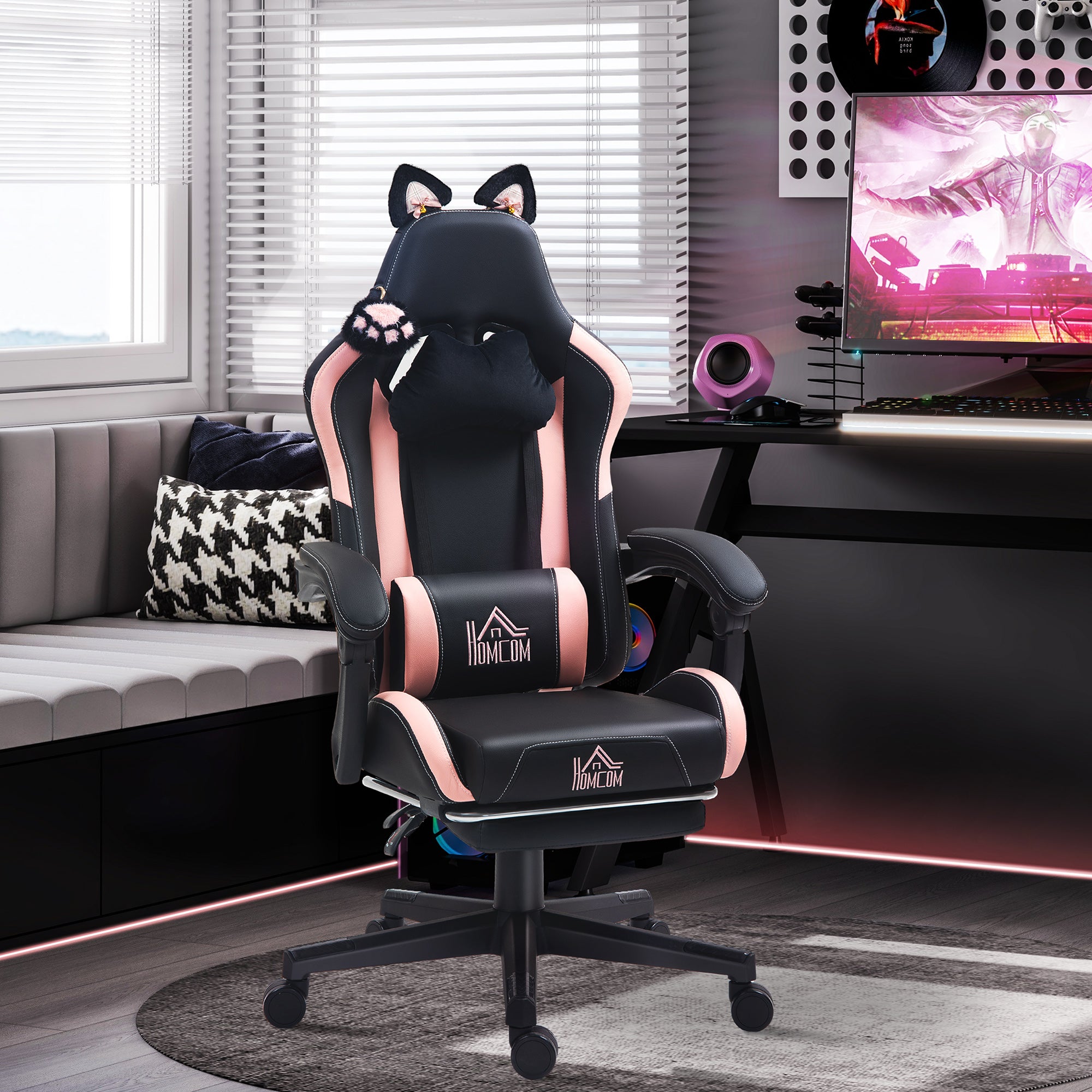 Ergonomic gaming chair with cat ears, gaming chair with reclining backrest, 65 x 62 x 124 cm, black