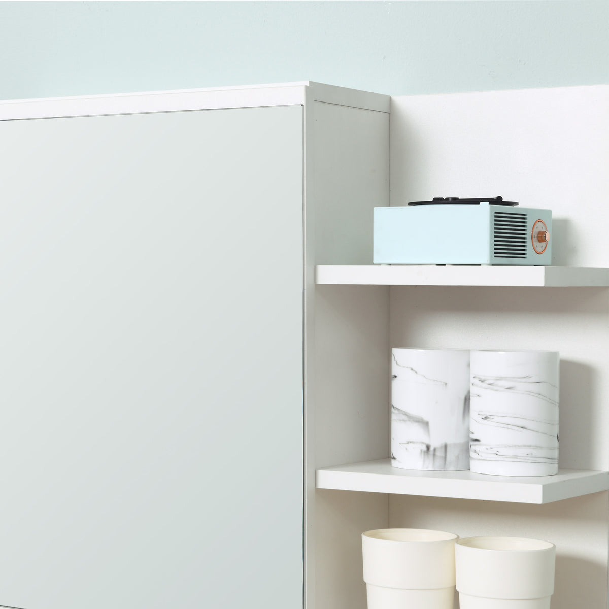 Armoire Miroir de Salle de Bain avec étagère 3 étagères latérales kit Installation Murale fourni en Bois Aspect Blanc