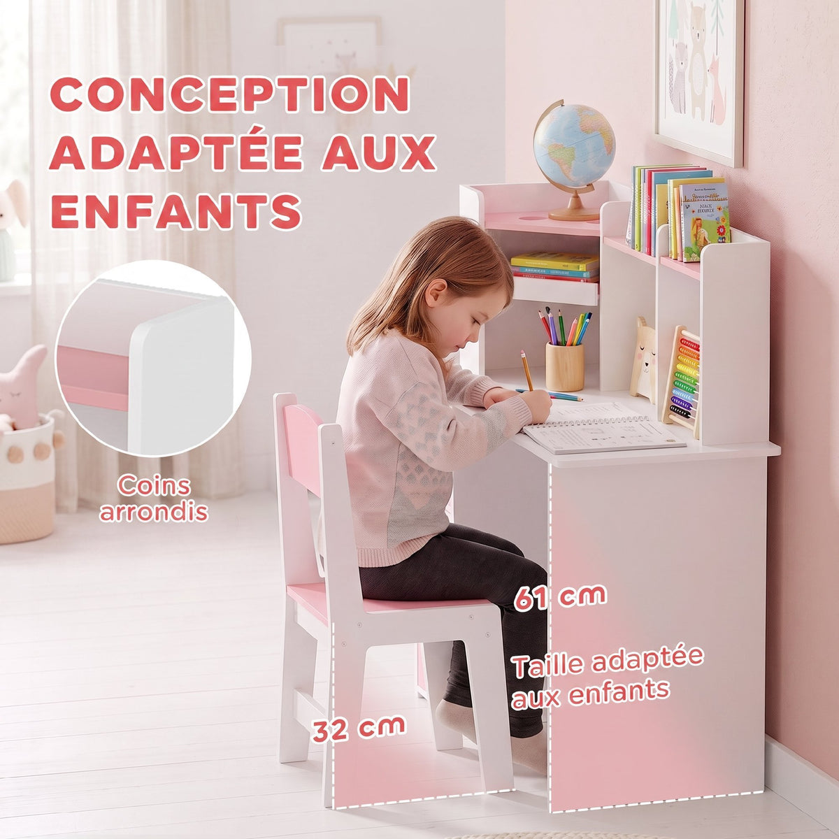 Bureau Enfant avec Chaise, Table d'Étude, Support de Tablette Réglable, Porte-Stylos, Panneau en Liège, 5-12 ans, Rose