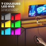 Gaming-Schreibtisch 147 x 47 cm, RGB-Beleuchtung, Steckdosen und USB-Anschlüsse, verstellbare und beidseitig montierbare PC-Halterung, Schwarz