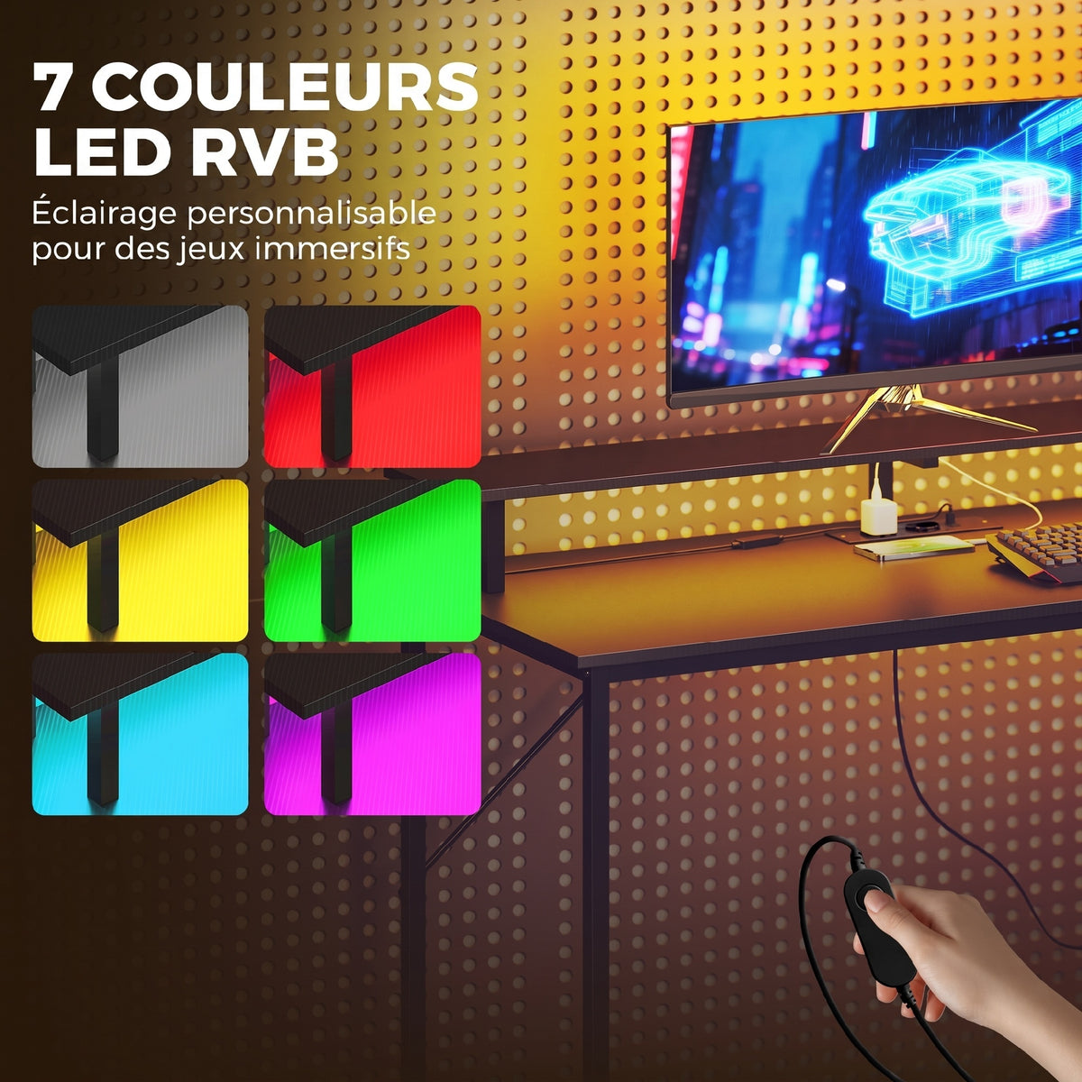 Gaming-Schreibtisch 147 x 47 cm, RGB-Beleuchtung, Steckdosen und USB-Anschlüsse, verstellbare und beidseitig montierbare PC-Halterung, Schwarz