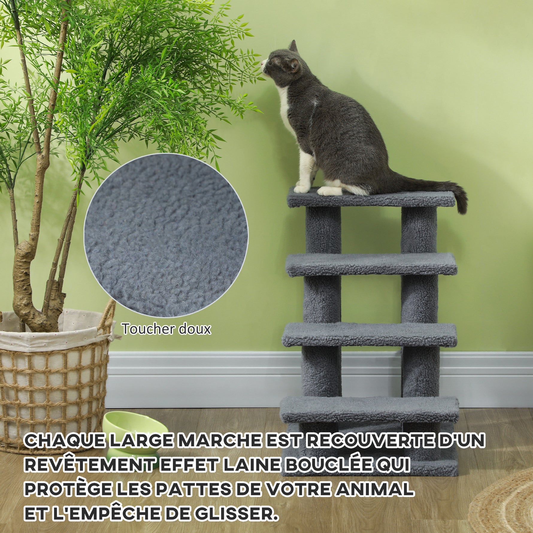 Escalier pour animaux de compagnie avec 4 marches revêtement effet laine bouclée 61 x 41 x 60 cm gris