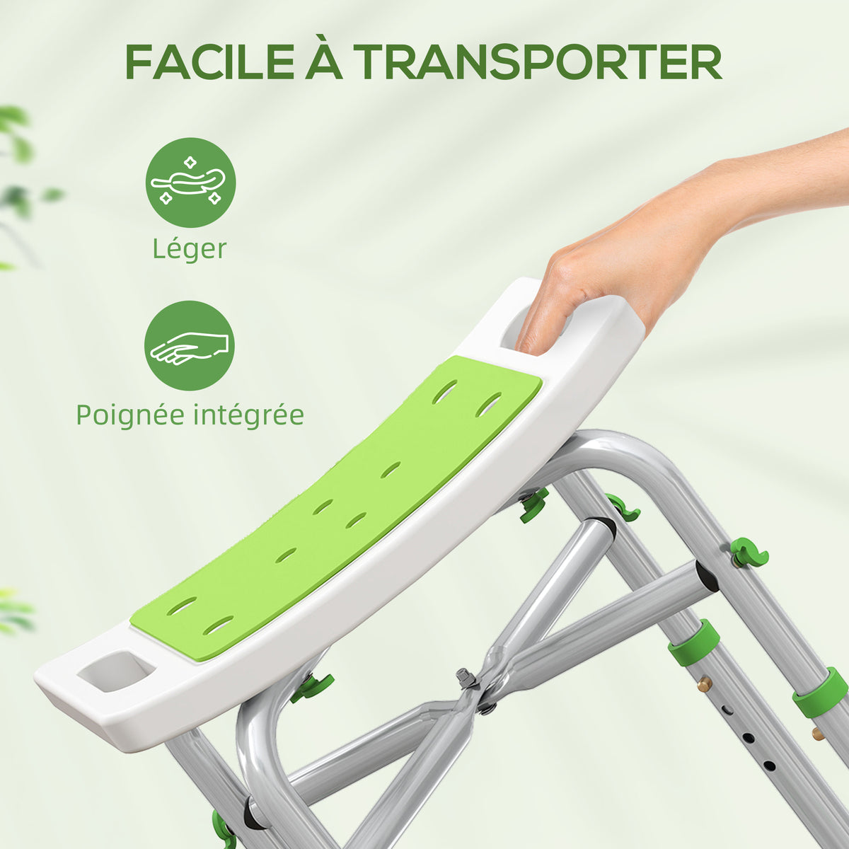 Tabouret de douche chaise de douche - assise rembourré et réglable, patins à ventouses antidérapants, en aluminium vert