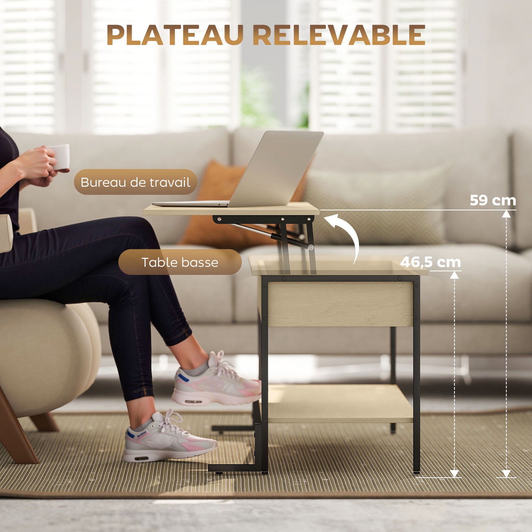 Table basse avec plateau relevable, table de salon avec compartiment caché et étagère ouverte, 95x40x59cm, bois naturel