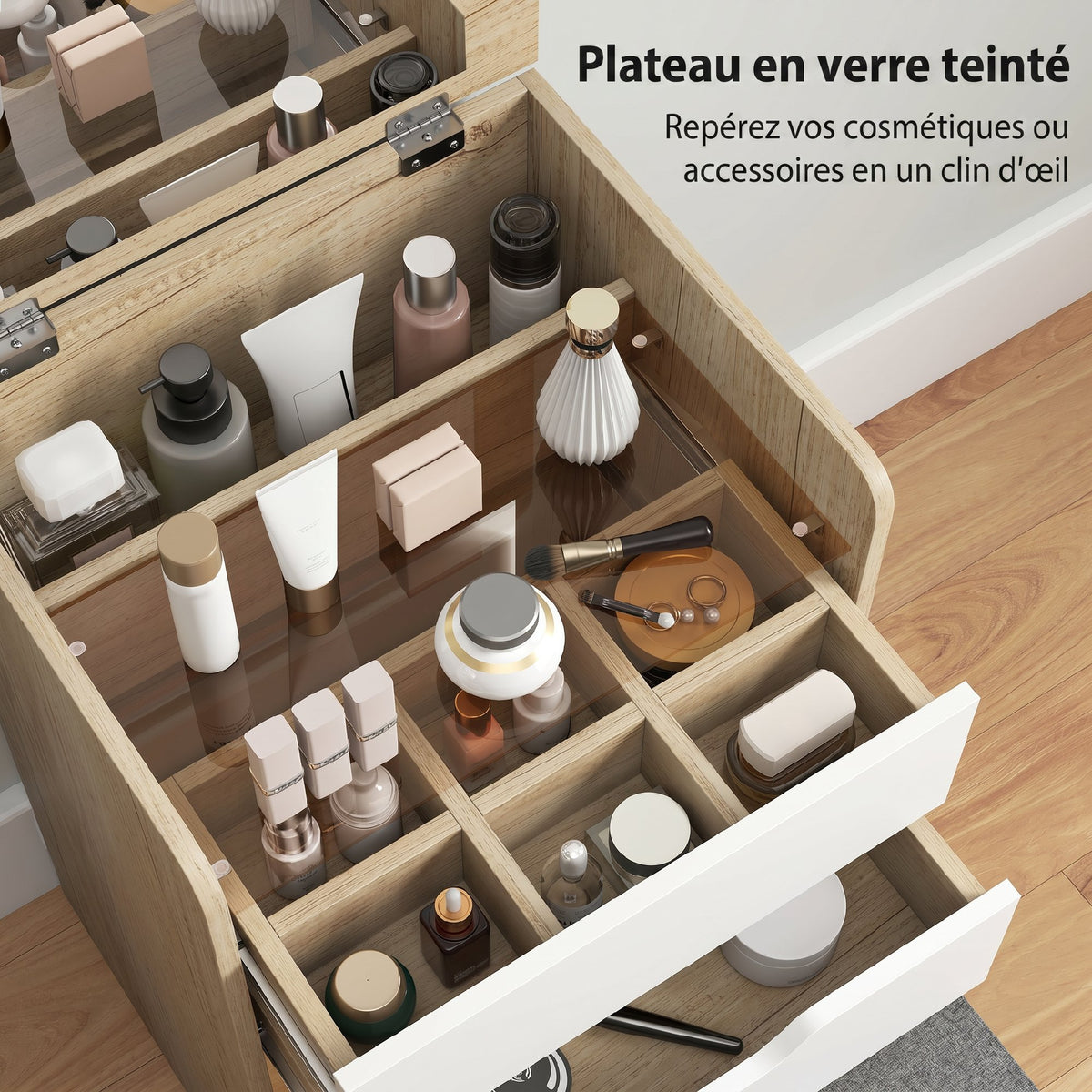 Dressing table with flip-top mirror and storage stool, makeup table, 2 drawers, padded seat, white oak