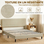 Cadre de Lit 160 x 200 cm avec Sommier en Bois, Rembourré en Effet Lin, Cadre en Acier, 9 Pieds Robustes, Beige