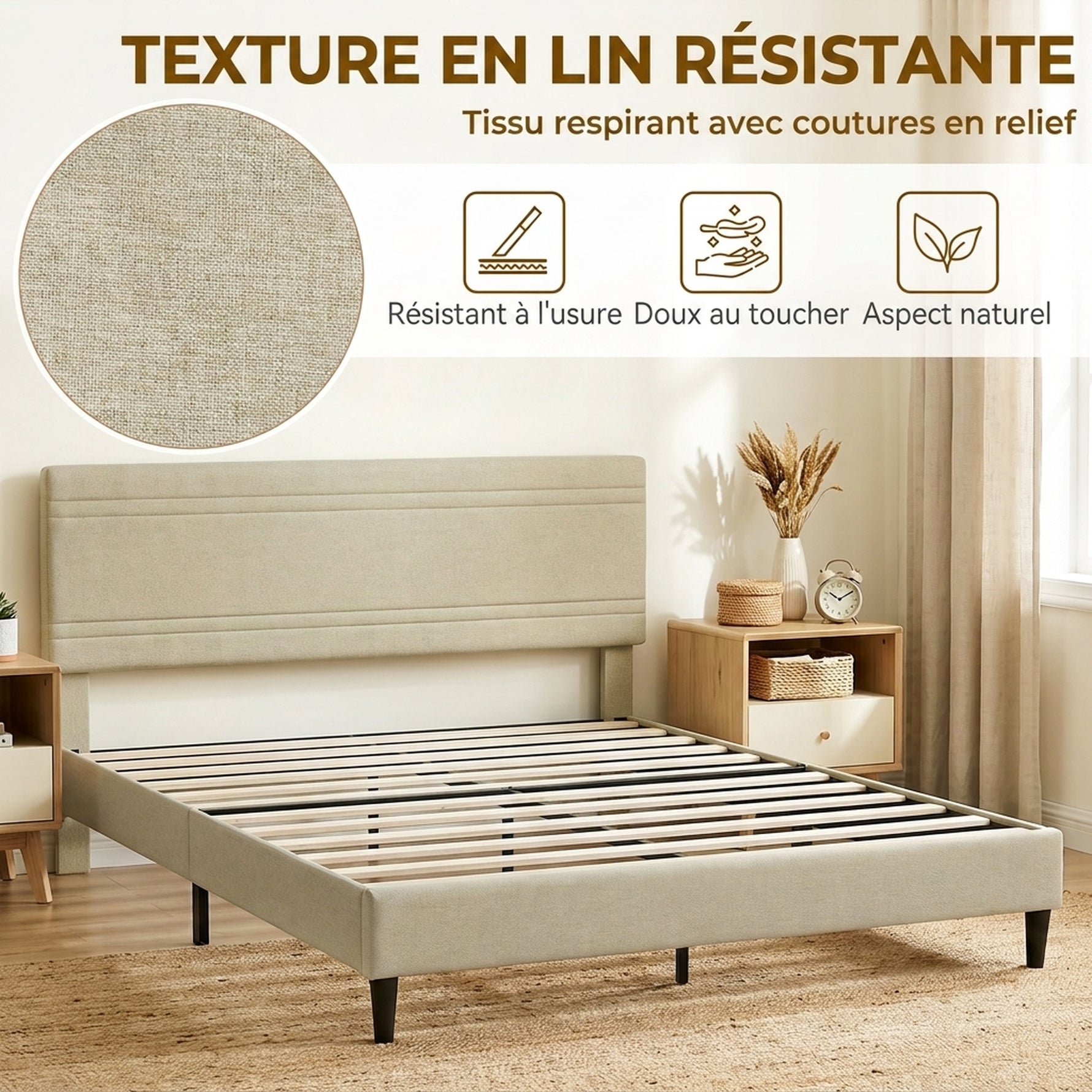 Cadre de Lit 160 x 200 cm avec Sommier en Bois, Rembourré en Effet Lin, Cadre en Acier, 9 Pieds Robustes, Beige
