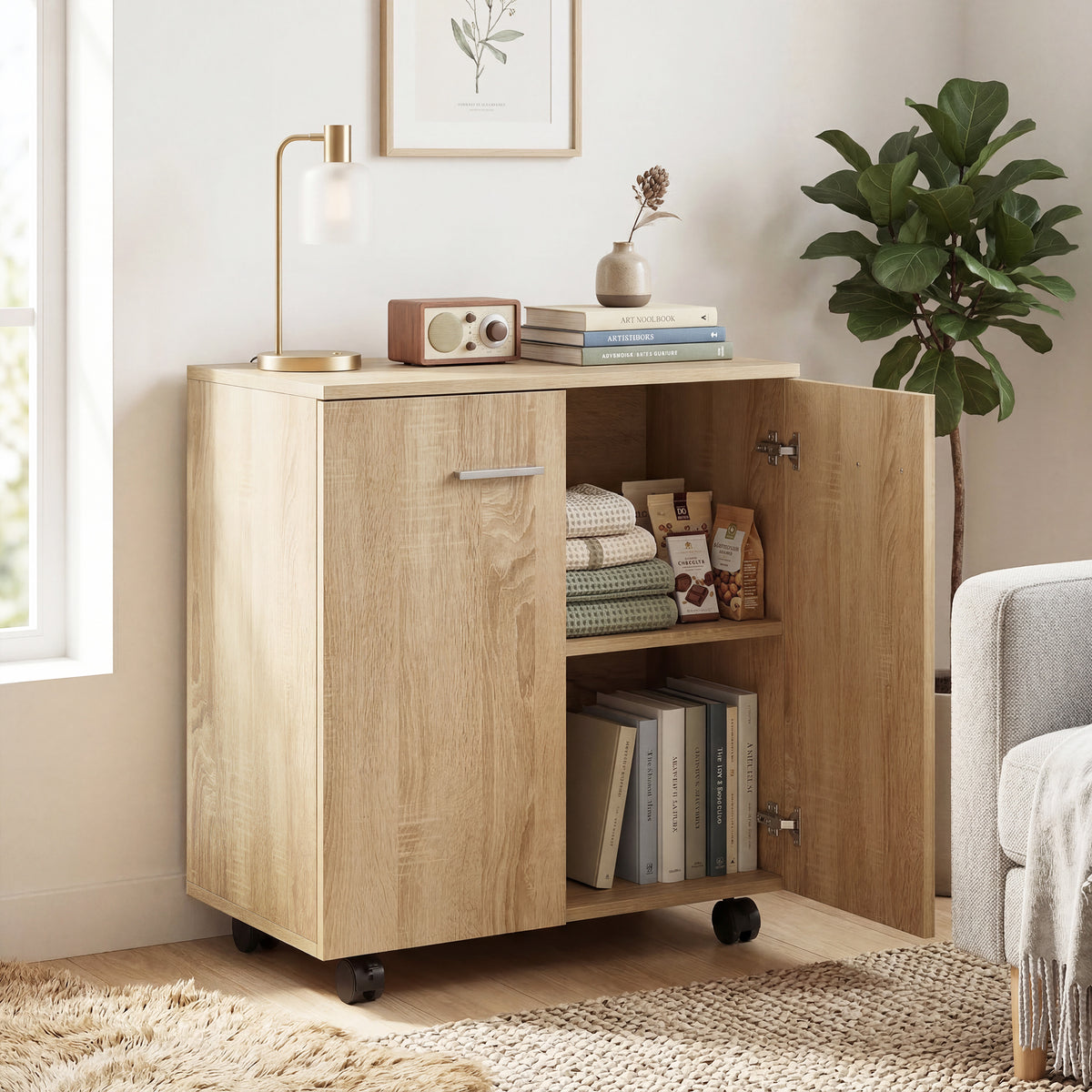 Meuble de Rangement Buffet bas sur roulettes avec 2 Portes étagère Interne 60 x 35 x 65 cm bois naturel
